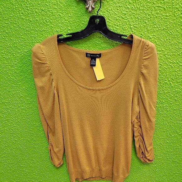 INC International Concepts Gold Blouse with Puff Sleeves and Fitted Style - Picture 1 of 3